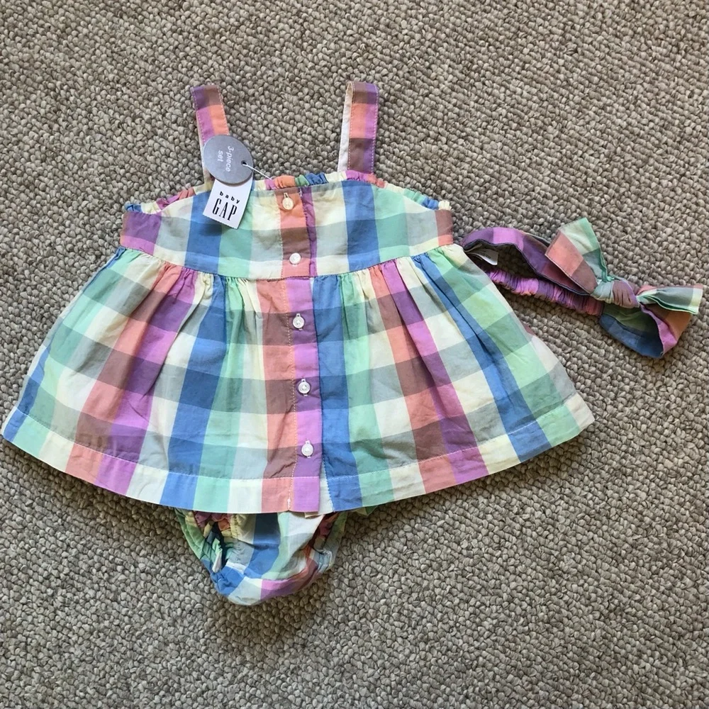 NWT Baby Gap Pastel Rainbow Plaid 3pc Outfit- Top, Bloomers, Headband